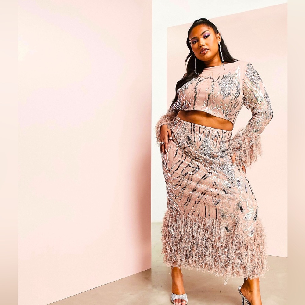 ASOS Luxe Curve embellished gemstone maxi skirt with faux feather hem in mink